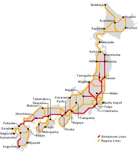 Kolejowa mapa Japonii