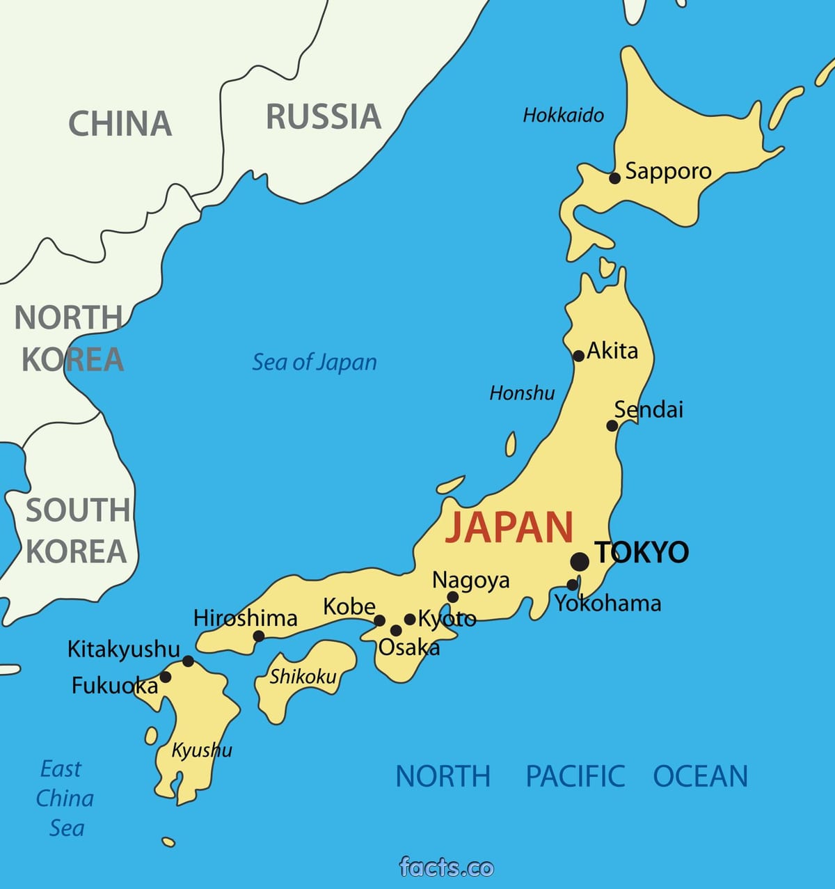 Japonia mapa z głównymi miastami