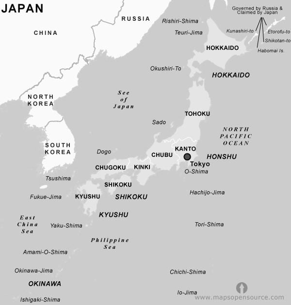 czarno-biała mapa Japonii