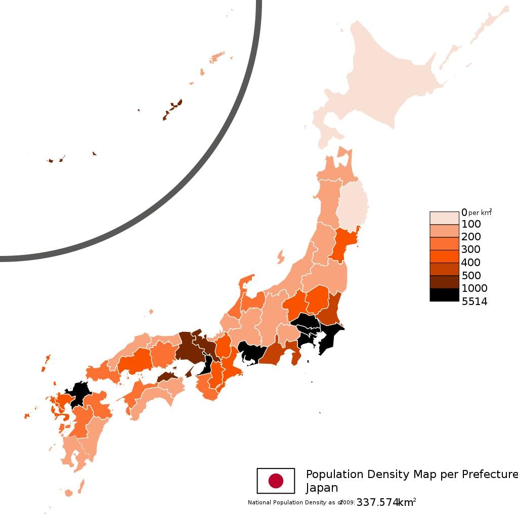 gęstość zaludnienia mapa Japonii