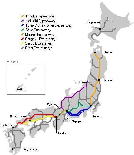 mapa Japonii autostrady