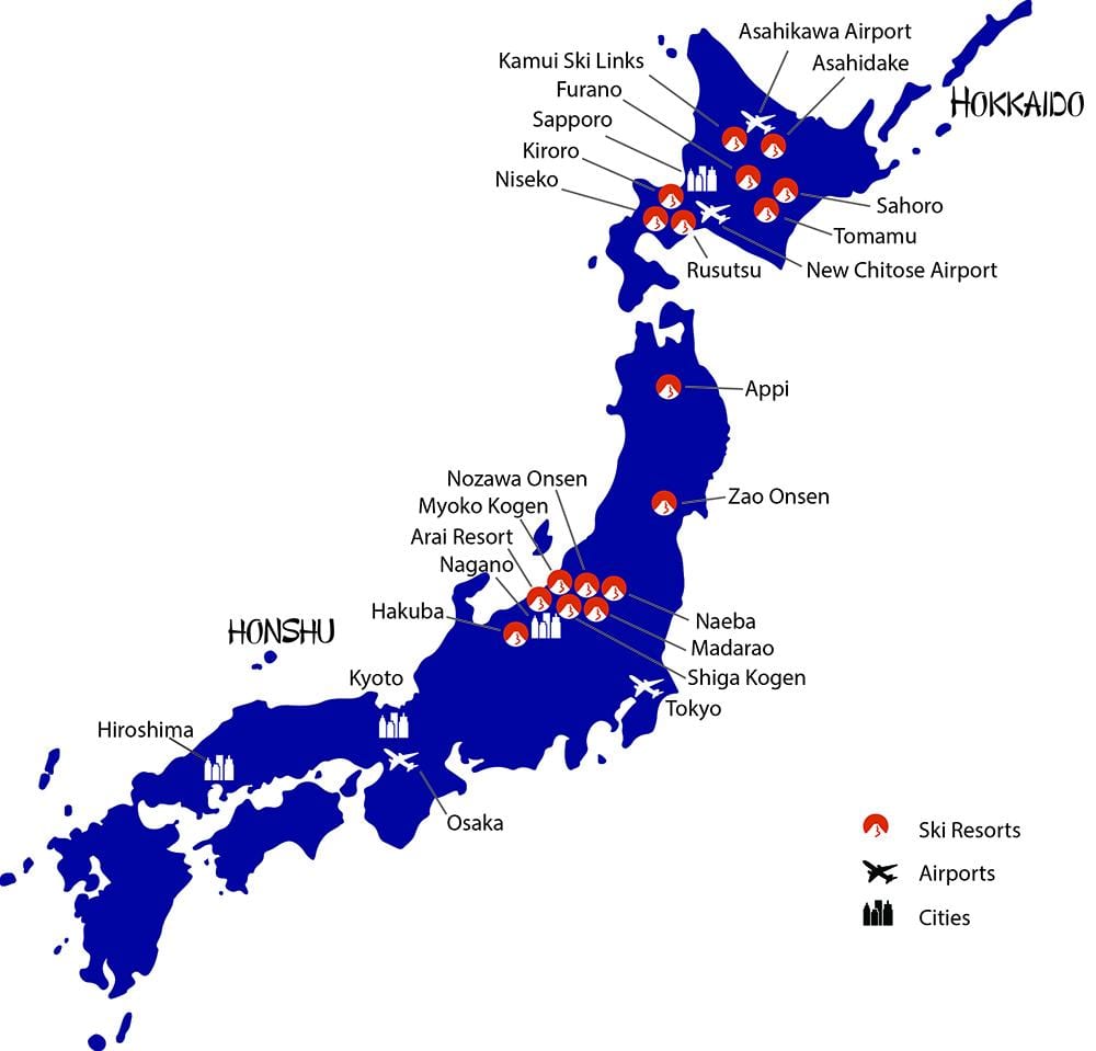 mapa Japonii ośrodków narciarskich
