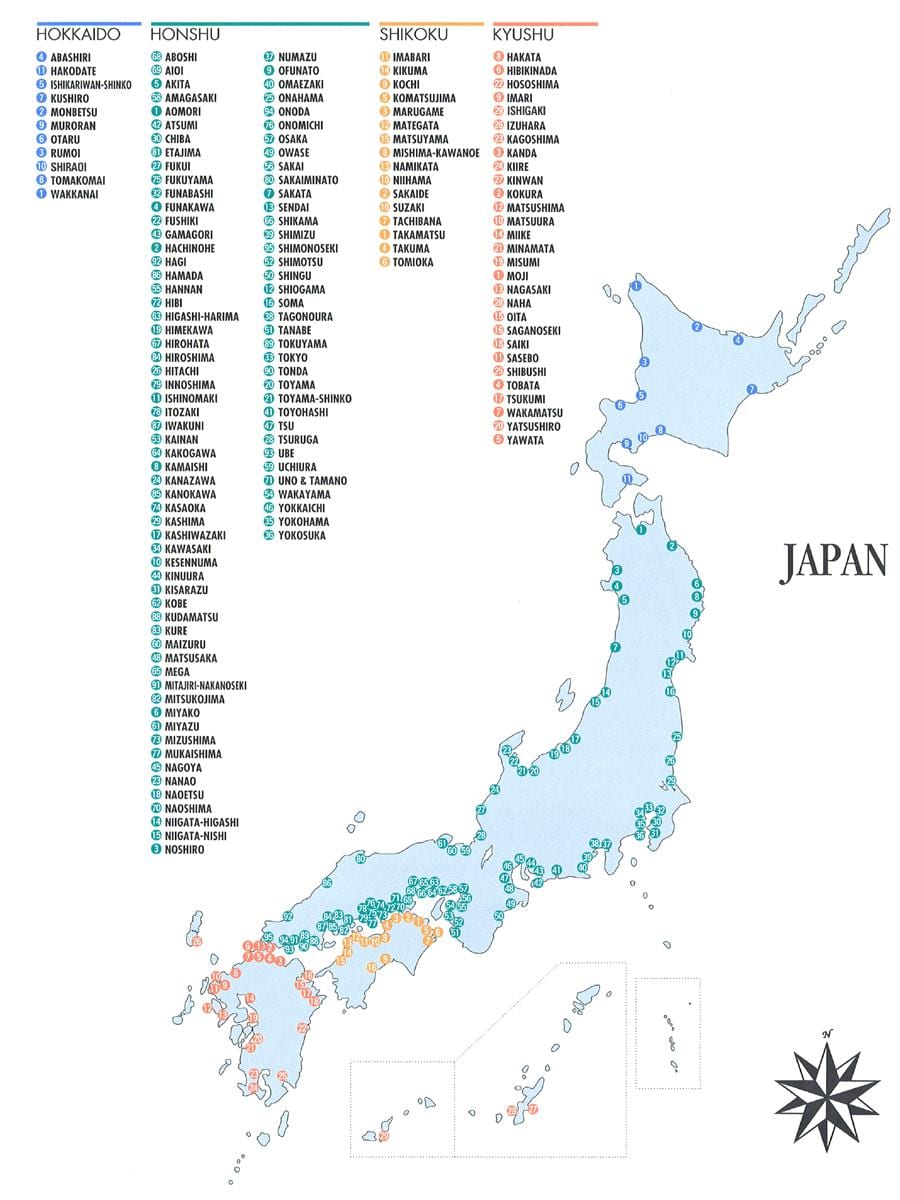 mapa Japonii porty