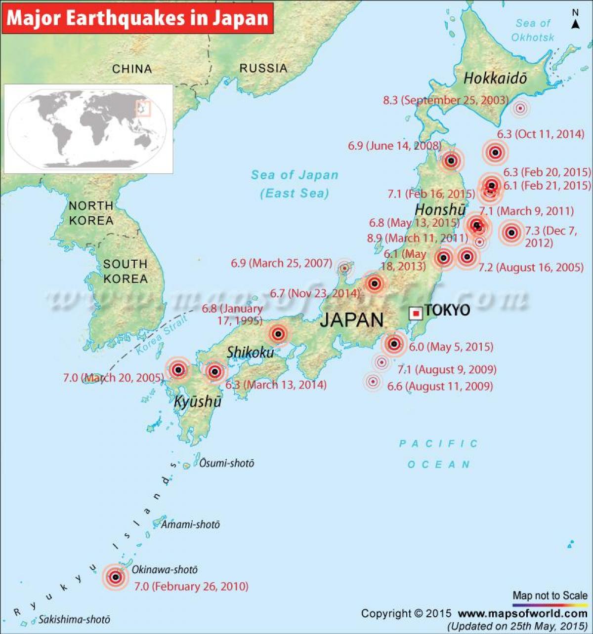trzęsienia ziemi na mapie Japonii