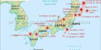 Trzęsienia ziemi na mapie Japonii